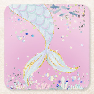 Whimsical Glitter Mermaid Beachy Under the Sea Square Paper Coaster
