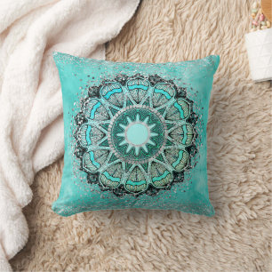 Whimsical Glittery Lotus Mandala on Teal  Cushion