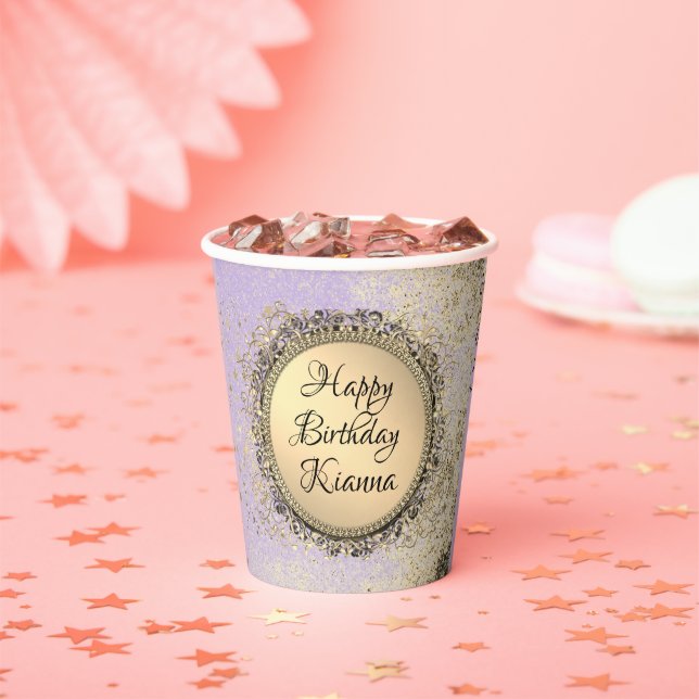 Whimsical Glittery Stars on Lavender Birthday  Paper Cups (Insitu)