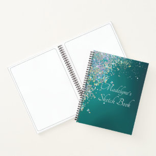 Whimsical Glittery Teal Sketch Notebook