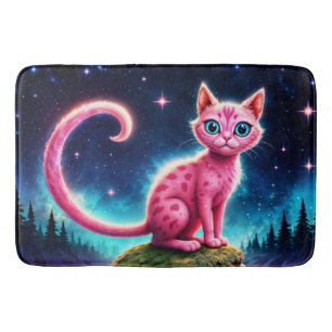 Whimsical glowing cat, long tail blue eyes art bath mat