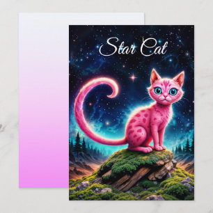 Whimsical glowing cat, long tail blue eyes art invitation