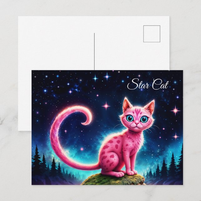 Whimsical glowing cat, long tail blue eyes art postcard (Front/Back)