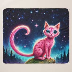 Whimsical glowing cat, long tail blue eyes art sherpa blanket