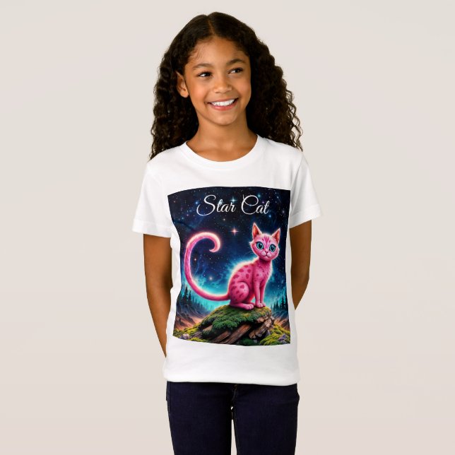 Whimsical glowing cat, long tail blue eyes art T-Shirt (Front Full)