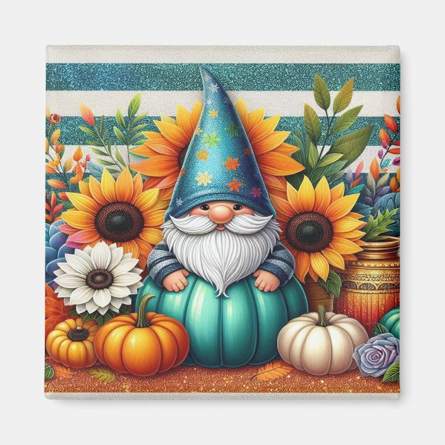 Whimsical Gnome Amidst Sunflowers and Pumpkins Magnet (Front)