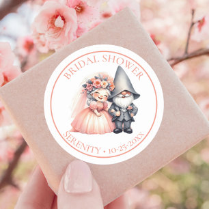 Whimsical Gnome Bride & Groom Bridal Shower Favour Classic Round Sticker