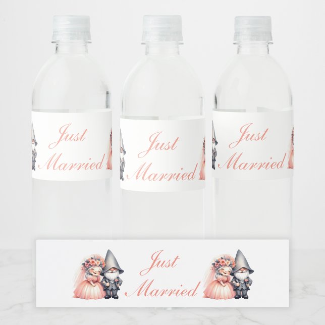 Whimsical Gnome Bride Groom Just Married Wedding Water Bottle Label (Creator Uploaded)