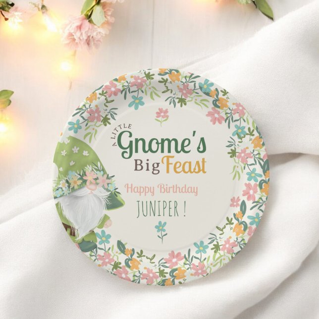 Whimsical Gnome First Birthday Floral  Paper Plate (Whimsical Gnome First Birthday Floral Paper Plates)