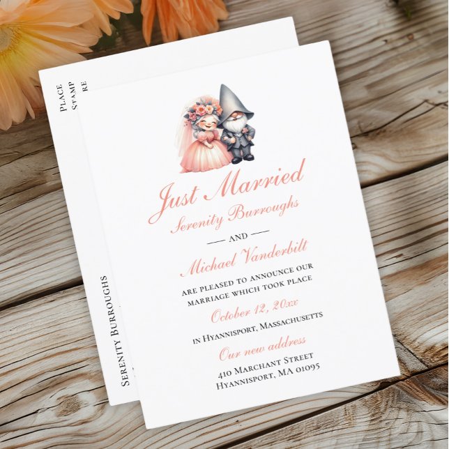 Whimsical Gnome Garden Orange Just Married Wedding Announcement Postcard (Creator Uploaded)