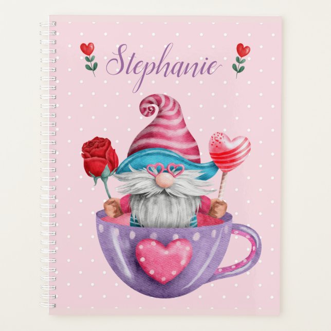 Whimsical Gnome in Tea Cup Hearts & Flowers Planner (Front)