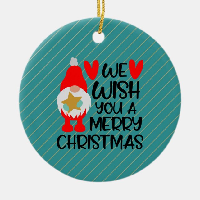 Whimsical Gnome - Merry Christmas Hearts Ceramic Tree Decoration (Front)