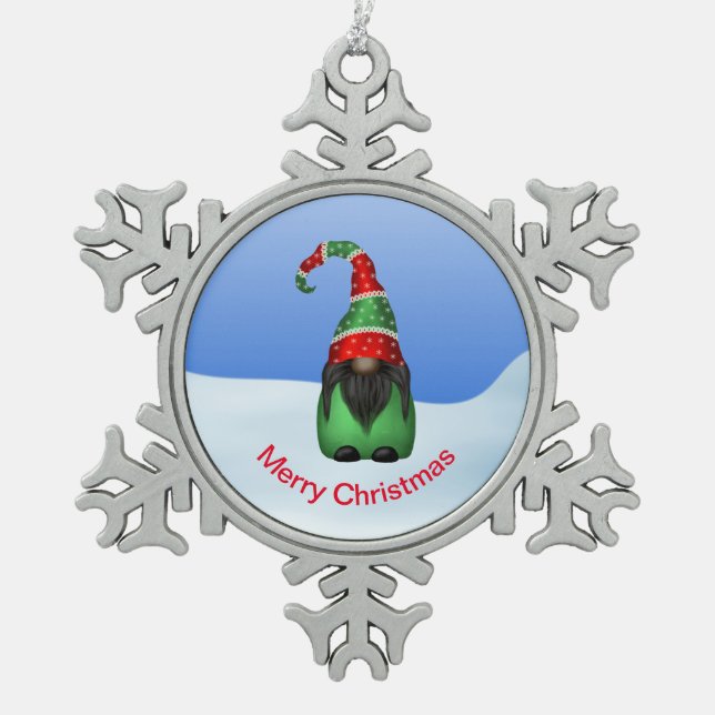 Whimsical Gnome on a Snowy Day Snowflake Pewter Christmas Ornament (Front)