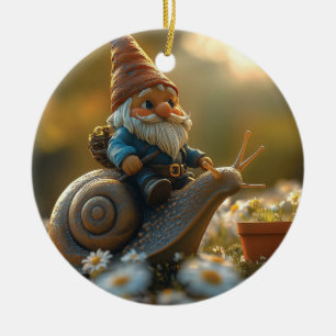 Whimsical Gnome on Snail Ride Magical Garden Scene Ceramic Tree Decoration