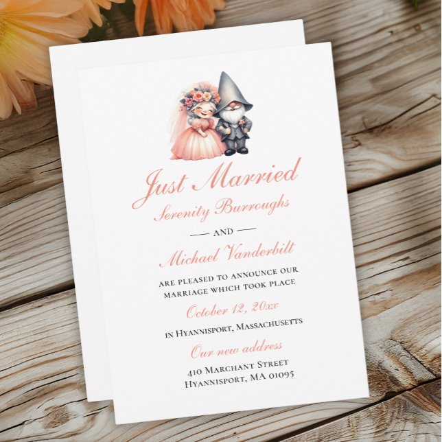 Whimsical Gnome Orange Garden Just Married Wedding Announcement (Creator Uploaded)