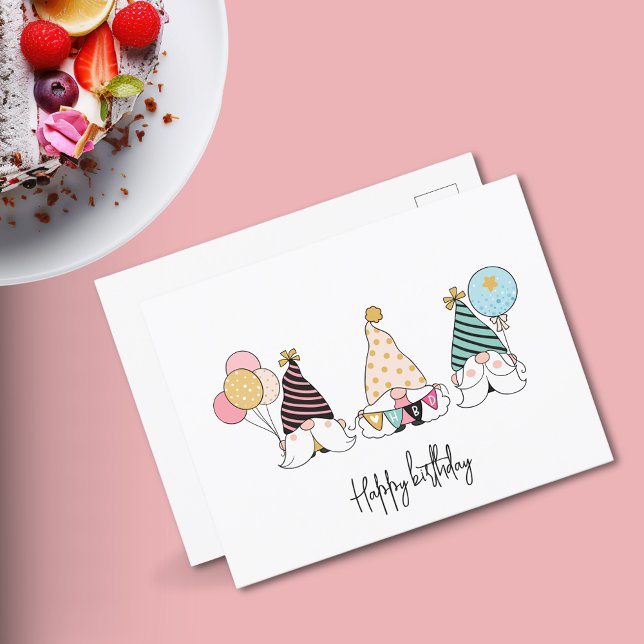 Whimsical Gnome Trio Happy Birthday Postcard (Creator Uploaded)