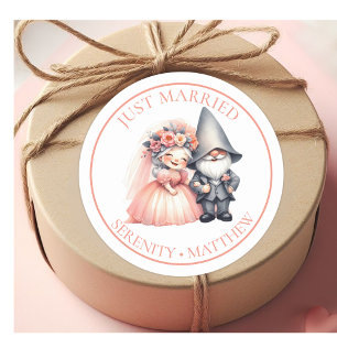 Whimsical Gnome Wedding Just Married Favor Classic Round Sticker