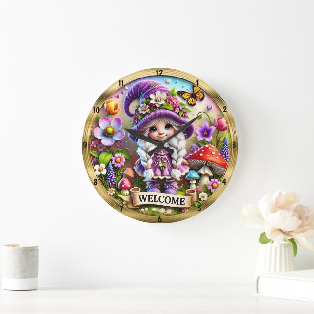 Whimsical Gnome Welcome Clock: Golden Frame Large Clock (Home)