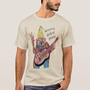 Whimsical Gnome with Peace Guitar, Groovy 60s Vibe T-Shirt