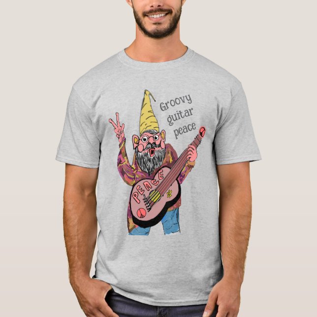 Whimsical Gnome with Peace Guitar, Groovy 60s Vibe T-Shirt (Front)