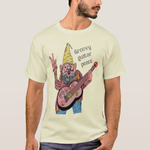 Whimsical Gnome with Peace Guitar, Groovy 60s Vibe T-Shirt