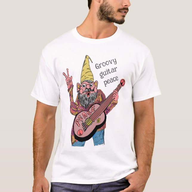 Whimsical Gnome with Peace Guitar, Groovy 60s Vibe T-Shirt (Front)