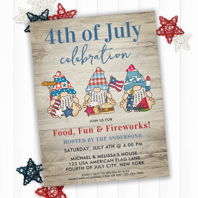 Whimsical Gnomes BBQ Farmhouse 4th Of July Party  Invitation Postcard (Creator Uploaded)