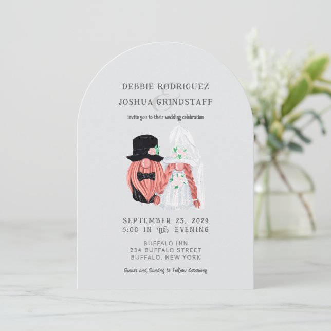 Whimsical Gnomes Fun Wedding Invitation  (Standing Front)