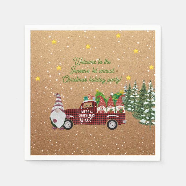 Whimsical Gnomes in Red Truck Christmas Party    Napkin (Front)
