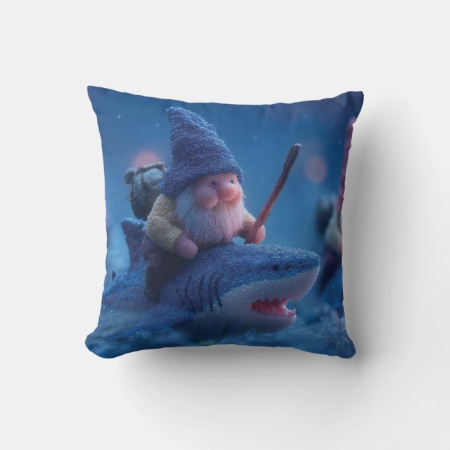 Whimsical Gnomes Riding on Sharks Cushion (Front)