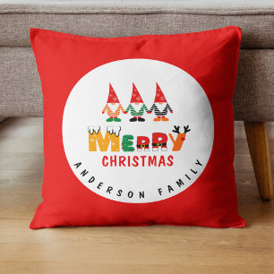 Whimsical Gnomes with Name Red & White Christmas Cushion
