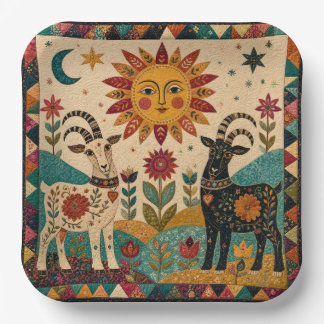 Whimsical Goats Folk Art Paper Plate