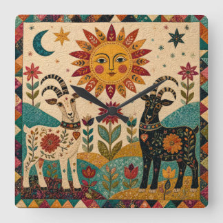 Whimsical Goats Folk Art Square Wall Clock