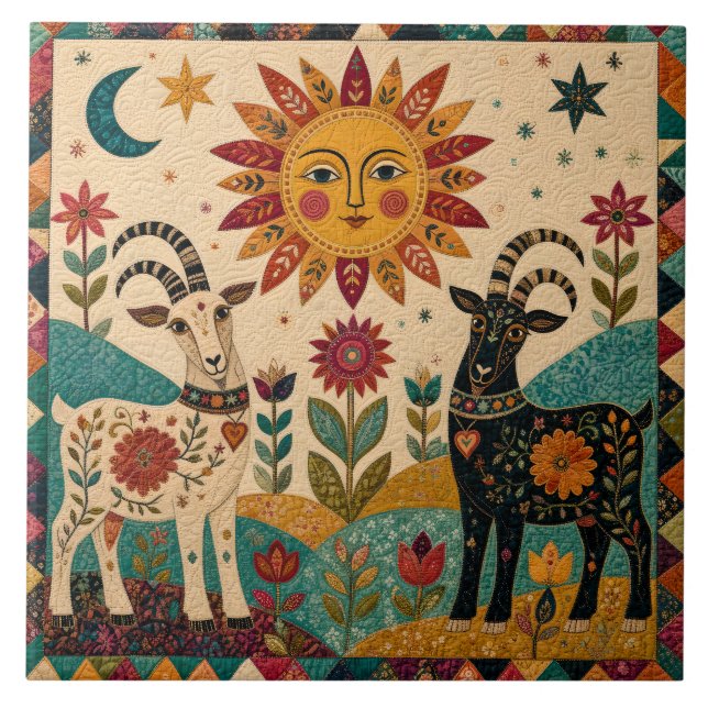 Whimsical Goats Folk Art  Tile (Front)