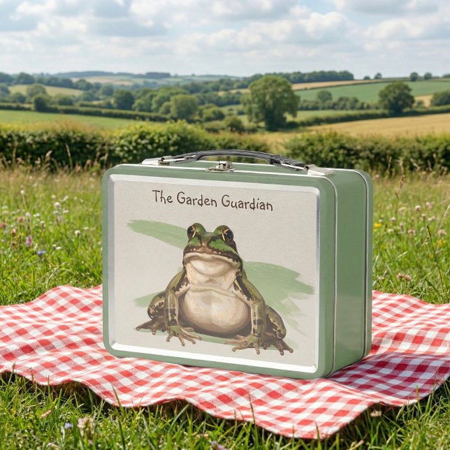 Whimsical Goblincore Frog | Retro Nature Lover Metal Lunch Box (Summer Picnic vintage style frog illustration tin. Back to school, back to college student gift.)