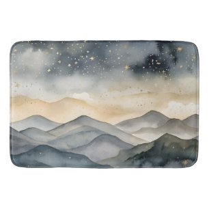 Whimsical Gold and Navy Mountains Starry  Night Bath Mat