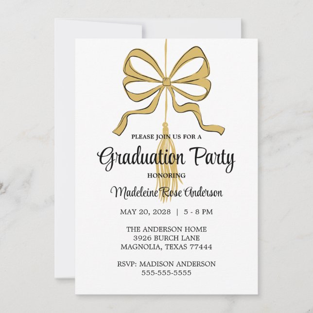 Whimsical Gold Black Doodle Graduation Tassel Invitation (Front)