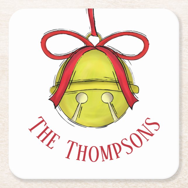 Whimsical Gold Cute Holiday Christmas Custom Square Paper Coaster (Front)