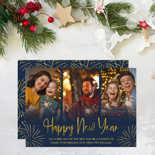 Whimsical Gold Fireworks Happy New Year Photo  Holiday Card