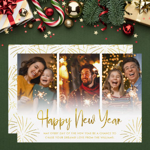 Whimsical Gold Fireworks Happy New Year Photo  Holiday Card