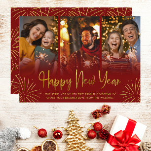 Whimsical Gold Fireworks Happy New Year Photo  Holiday Card