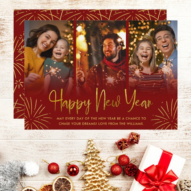 Whimsical Gold Fireworks Happy New Year Photo  Holiday Card (Creator Uploaded)