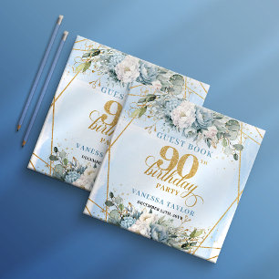 Whimsical Gold Frame Dusty Blue Flowers 90th Guest Book