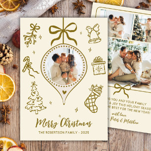 Whimsical Gold Hand Drawn Photo Merry Christmas Holiday Card