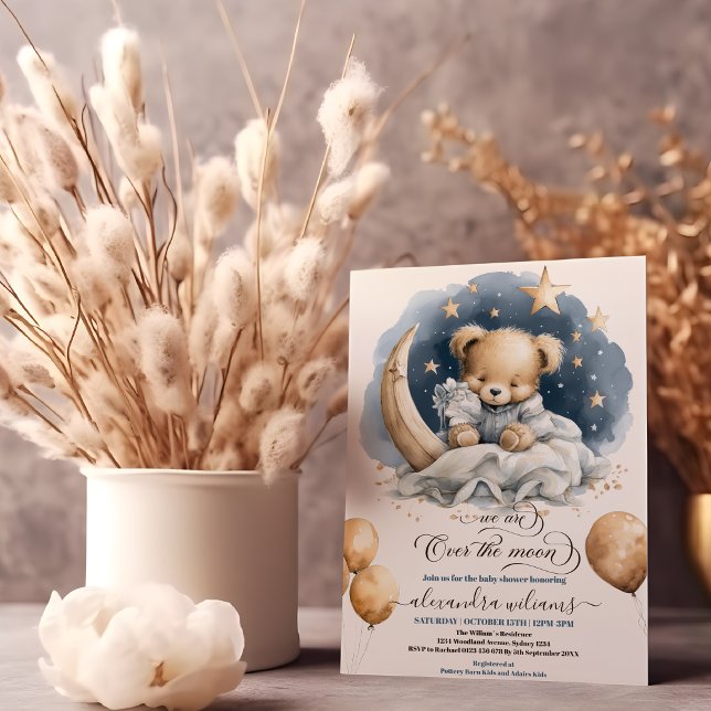 Whimsical Gold Over the Moon Teddy Bear Baby Showe Invitation (Creator Uploaded)
