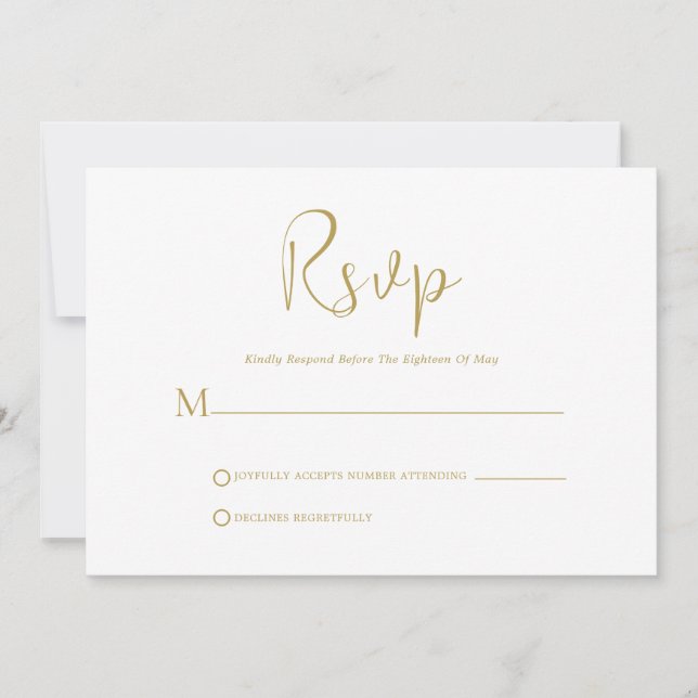 Whimsical Gold Script On White RSVP Card (Front)