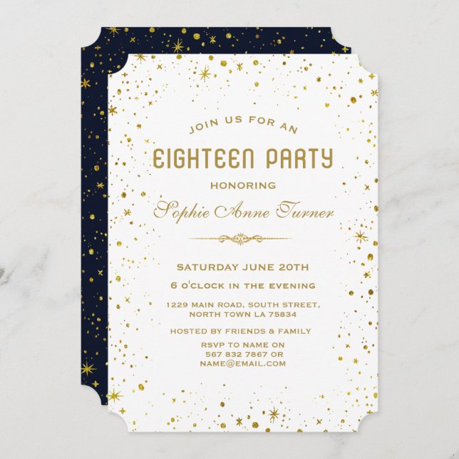 Whimsical Gold Starry Night 18th Birthday Party Invitation (Front/Back)