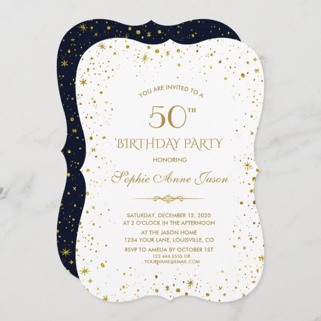 Whimsical Gold Starry Night 50th Birthday Invitation (Front/Back)