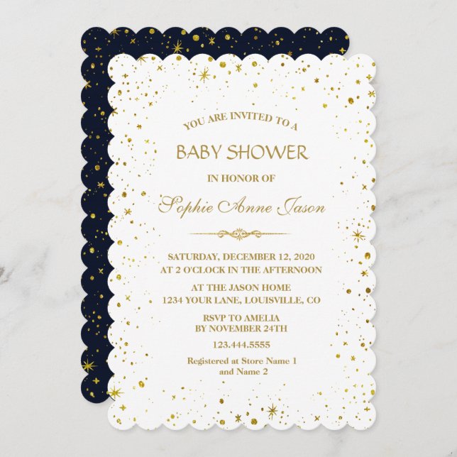 Whimsical Gold Starry Night Baby Shower Invitation (Front/Back)
