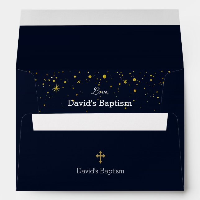 Whimsical Gold Starry Night Boy Baptism Envelope (Back (Bottom))